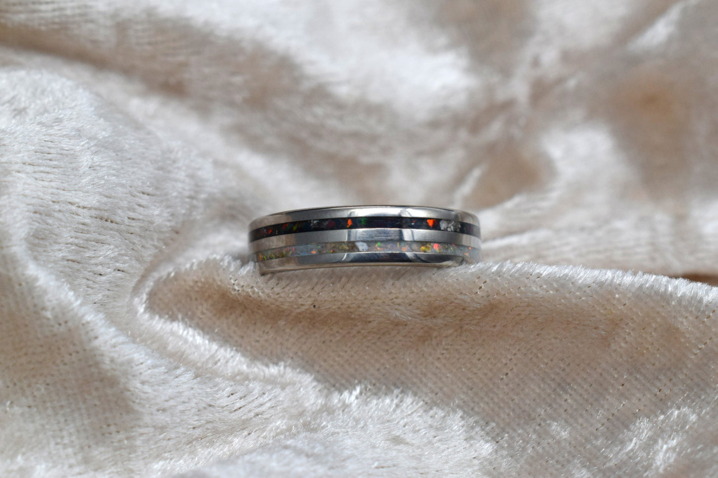 Titanium double channel memorial ring with cremation ashes inlay