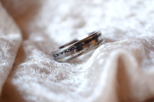 Titanium double channel memorial ring with cremation ashes inlay