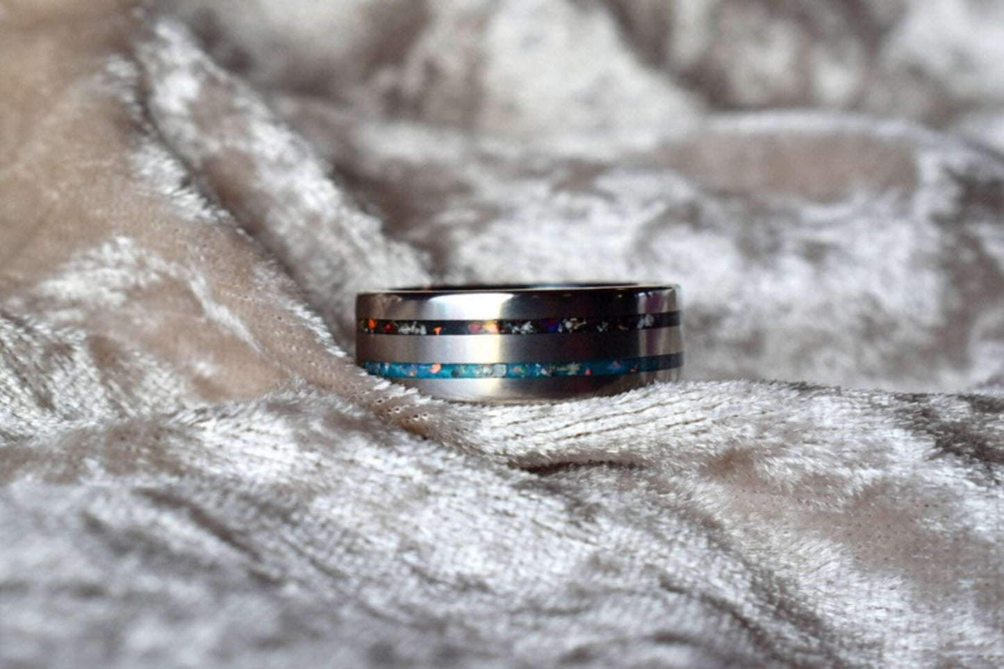 Titanium double channel memorial ring with cremation ashes inlay