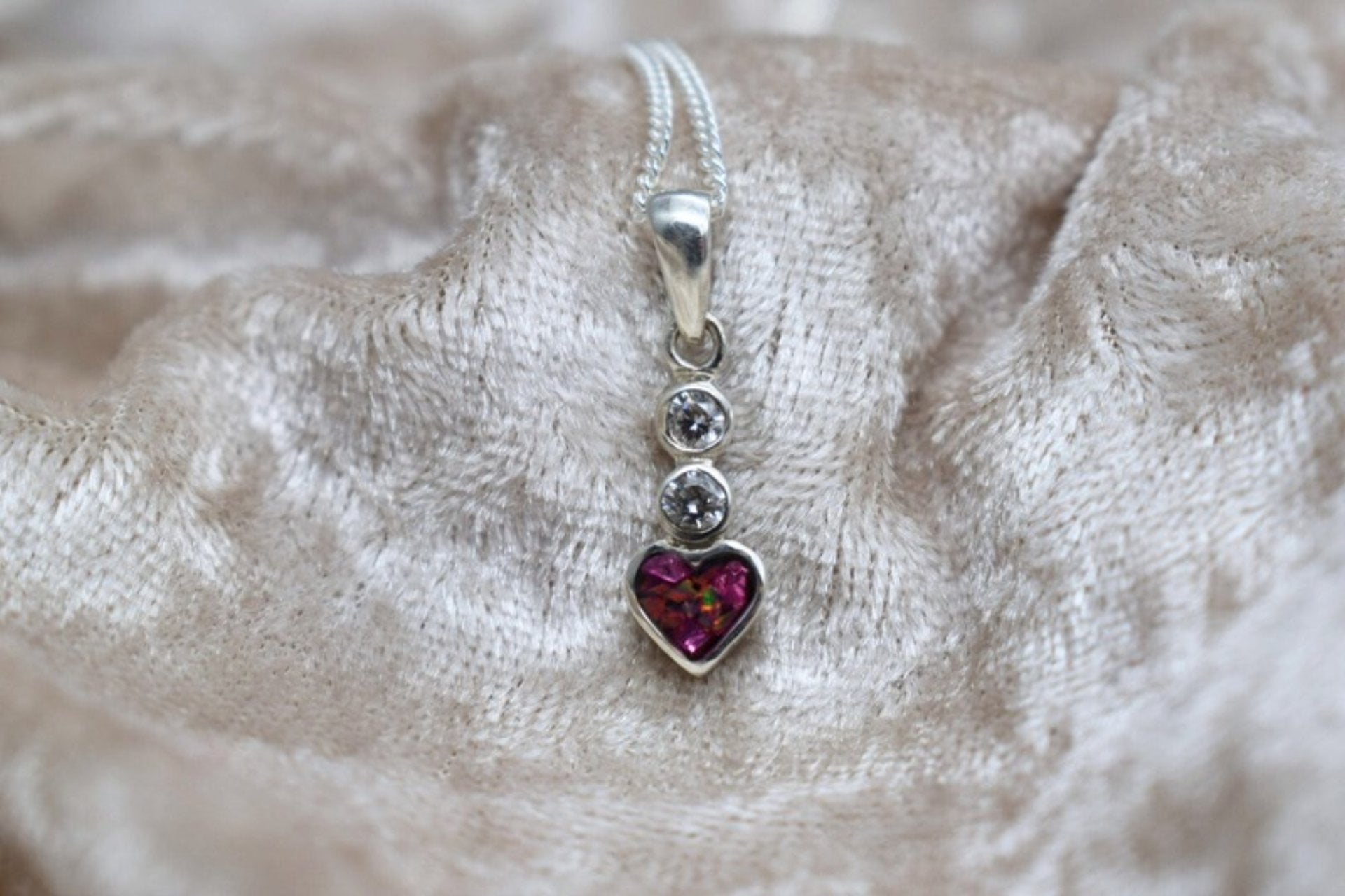 Heart CZ Memorial Ashes Silver Necklace – Sterling Silver Cremation Keepsake Pendant with Cubic Zirconia, Handmade in the UK.