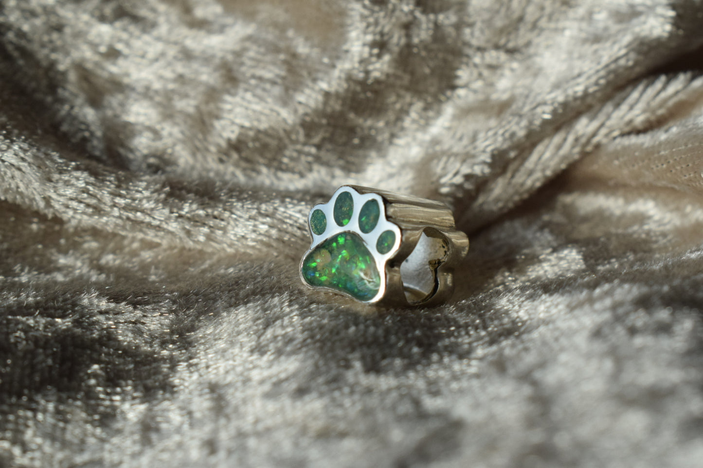 Pandora-style silver charm with paw print design and ashes inside