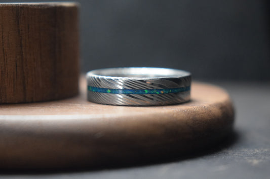 Damascus Steel Ring with Opal Inlay