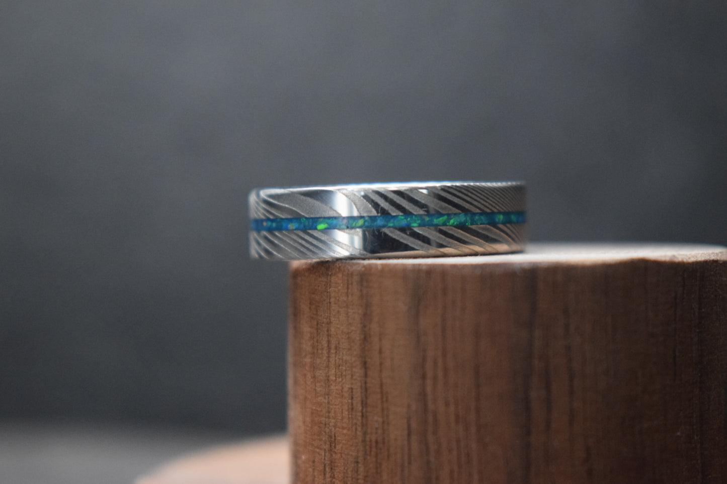 Damascus Steel Ring with Opal Inlay