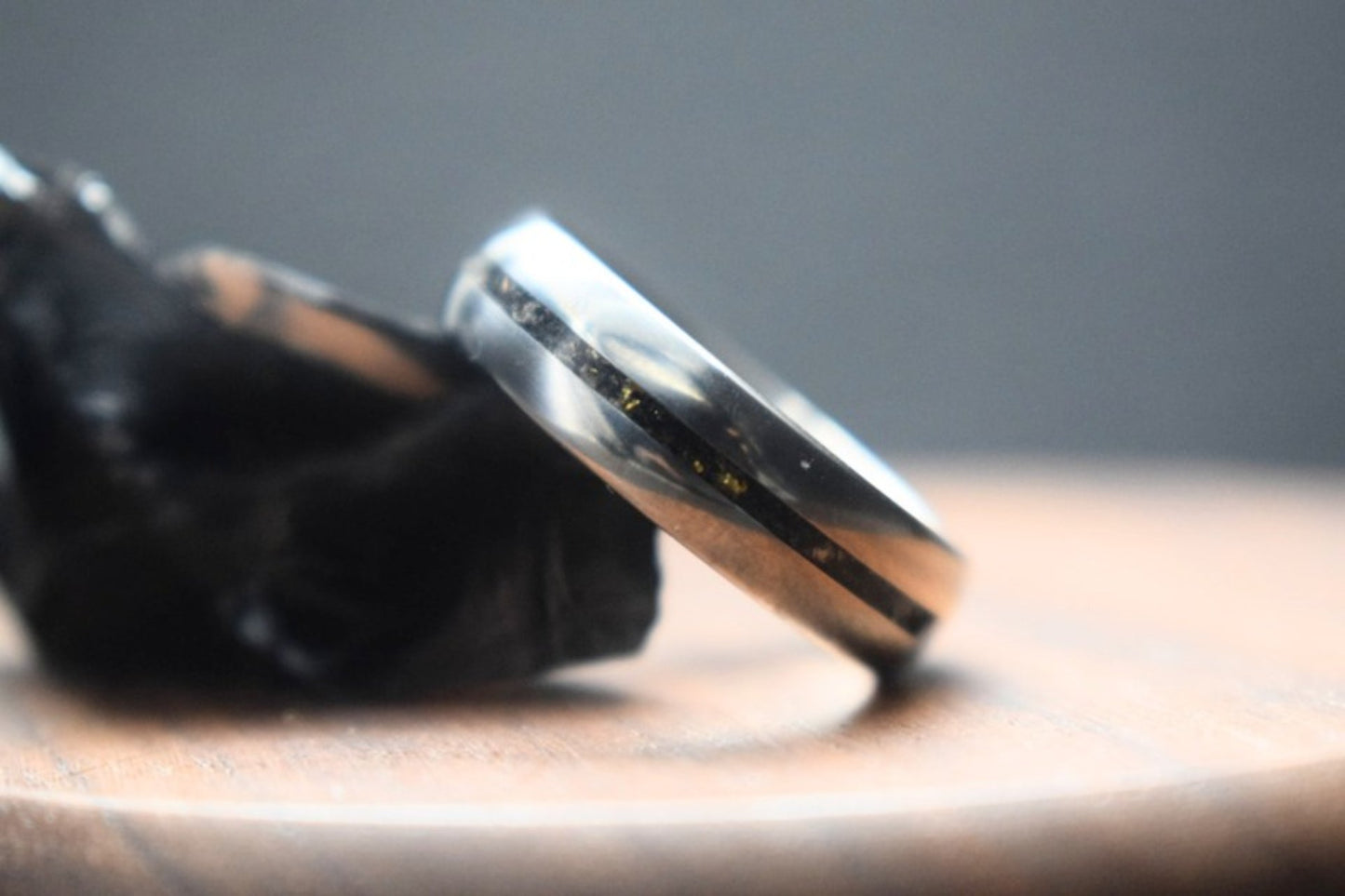 Titanium Bog Oak Inlay Ring with Gold Accents