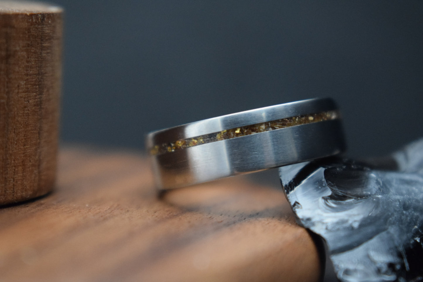 Titanium Whisky Barrel Oak Inlay Ring with Gold Accents