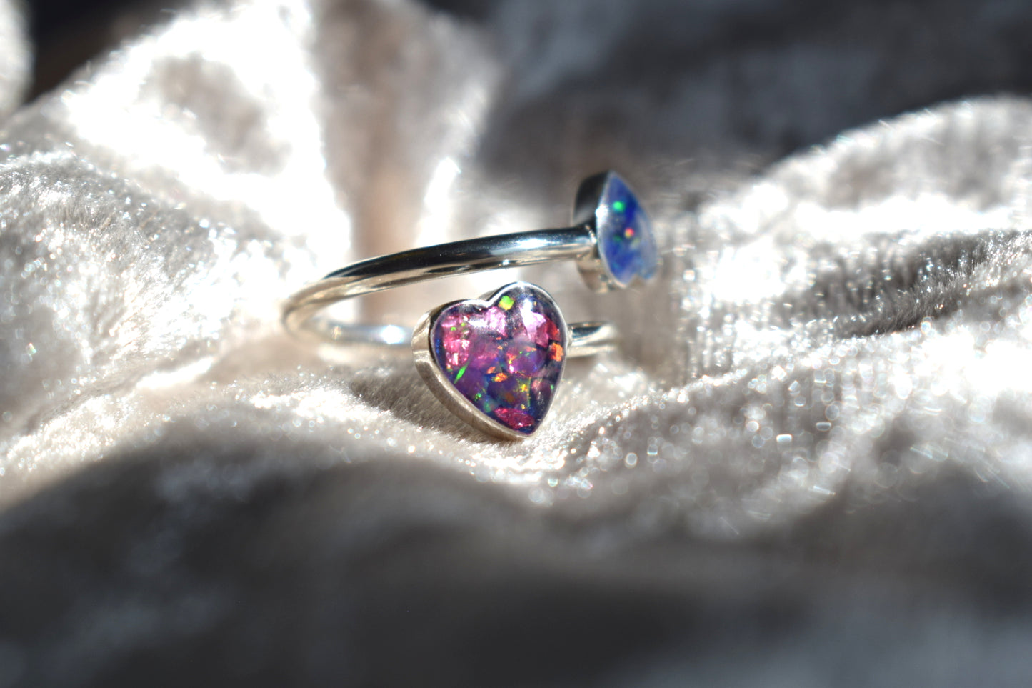 Double heart adjustable silver memorial ring with cremation ashes inlay