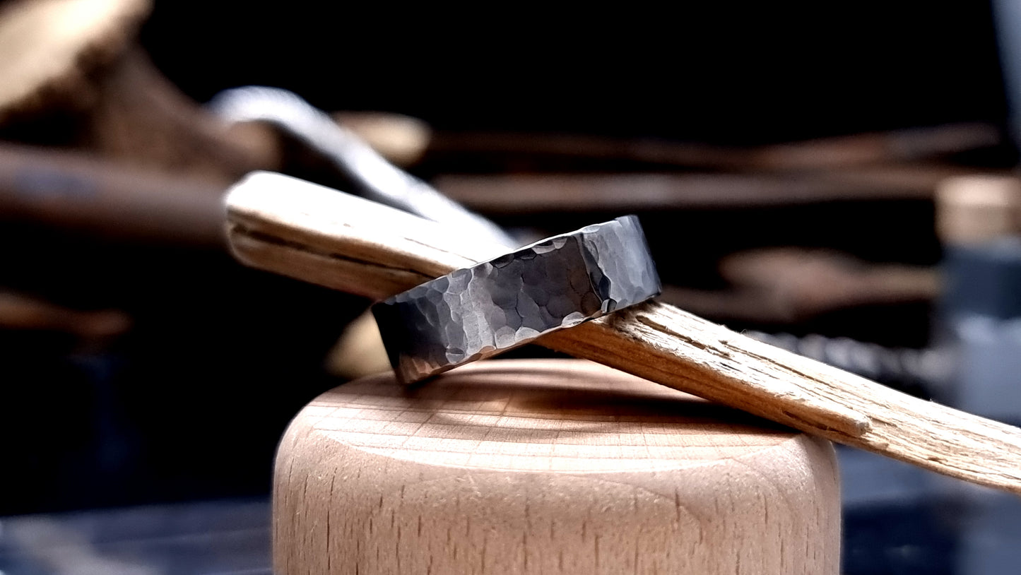 Deveron hammered titanium ring with raw textured surface