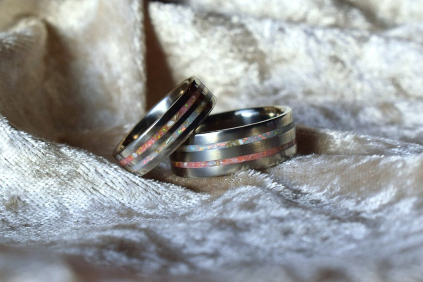 Titanium double channel memorial ring with cremation ashes inlay