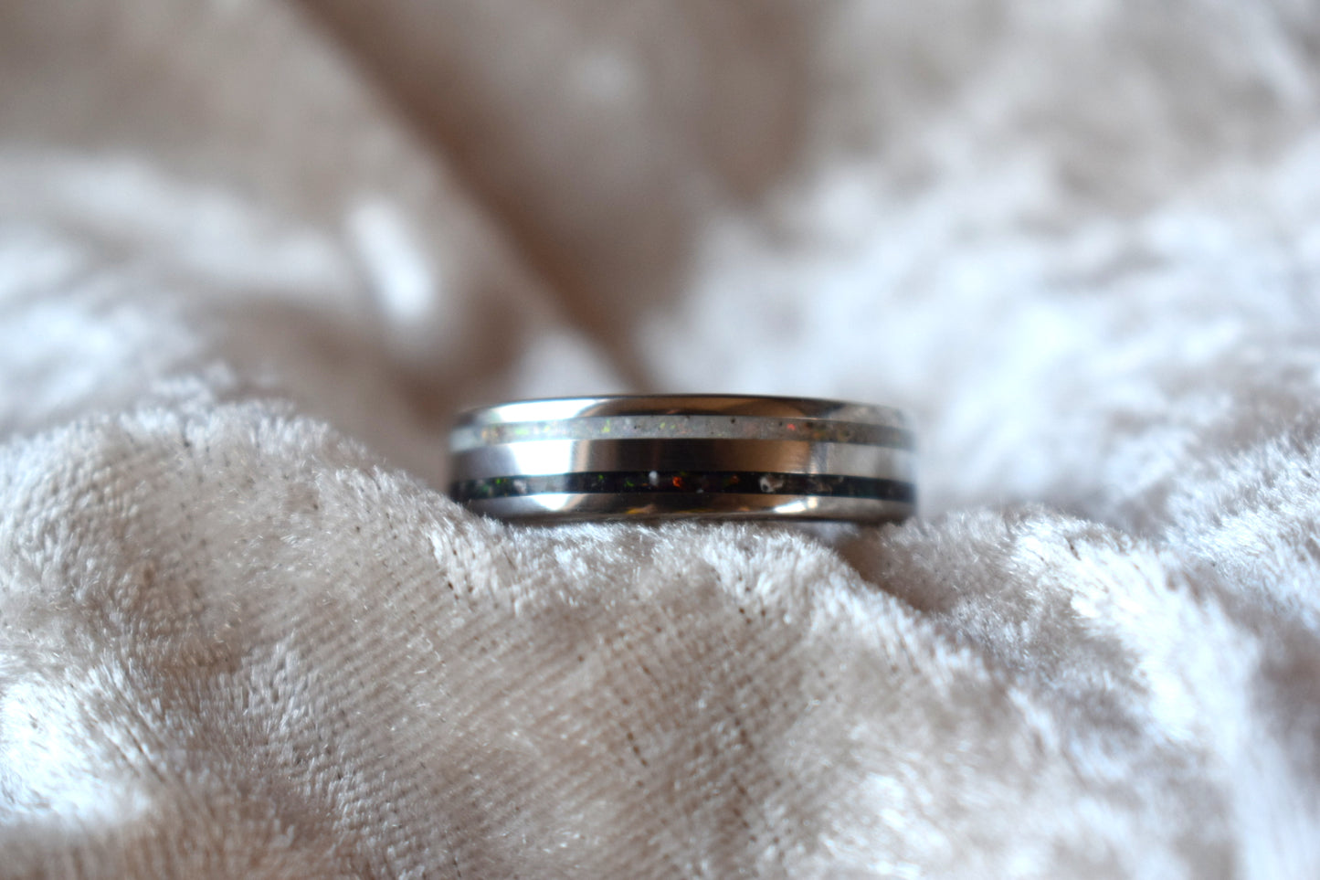 Titanium double channel memorial ring with cremation ashes inlay