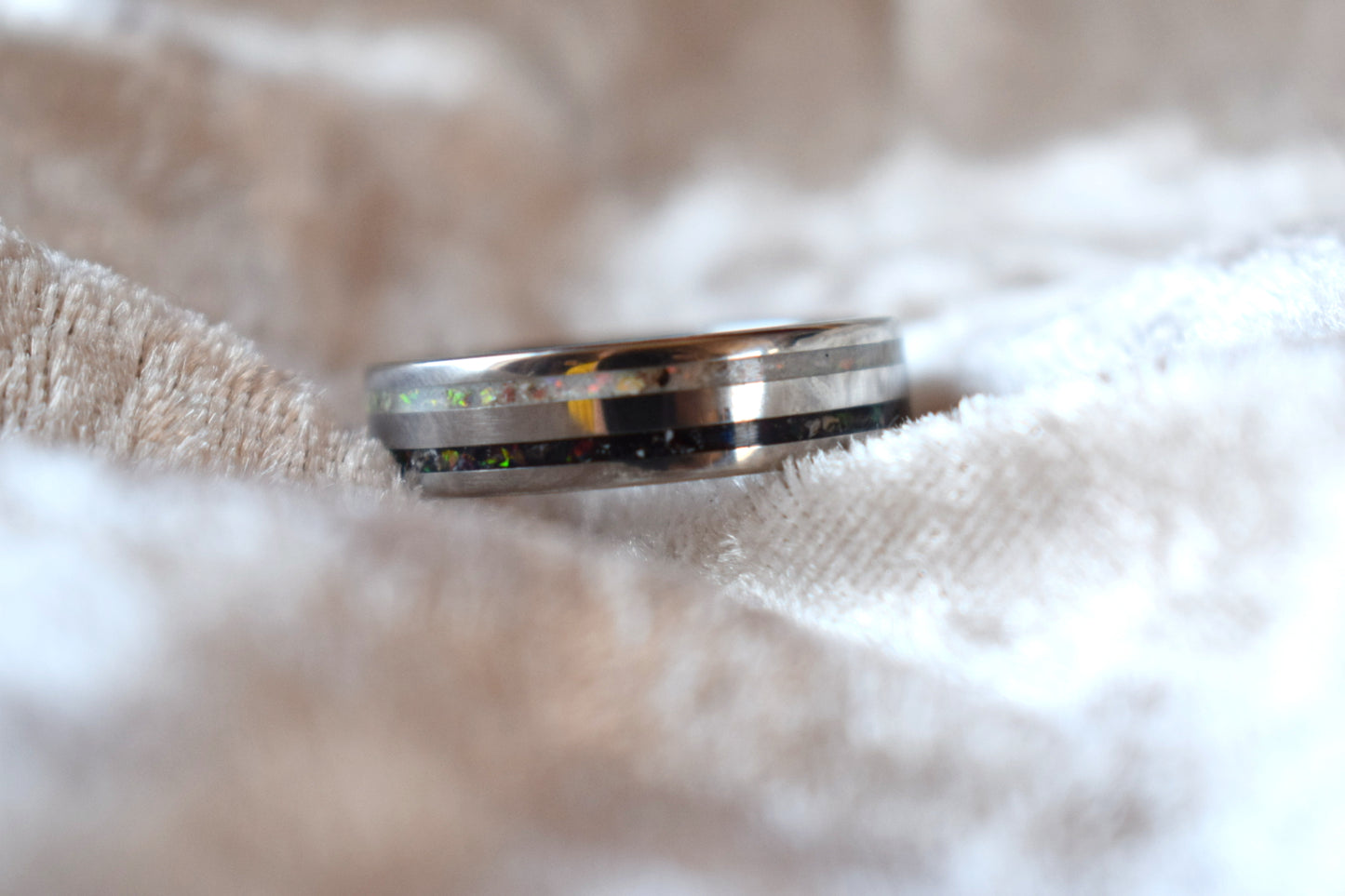 Titanium double channel memorial ring with cremation ashes inlay