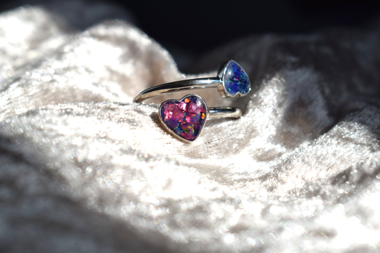 Double heart adjustable silver memorial ring with cremation ashes inlay
