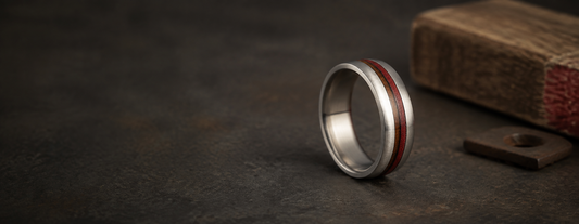 Bespoke titanium commemorative ring with reclaimed wood and red heritage material inlay