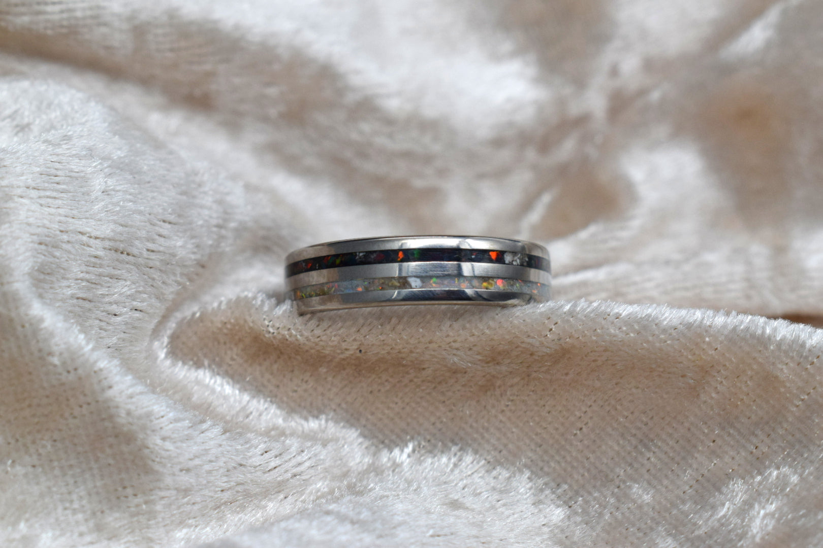 Titanium double channel memorial ring with cremation ashes inlay