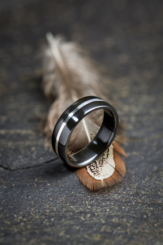 Falls of Feugh Black Zirconium Silver Inlay Ring image 0