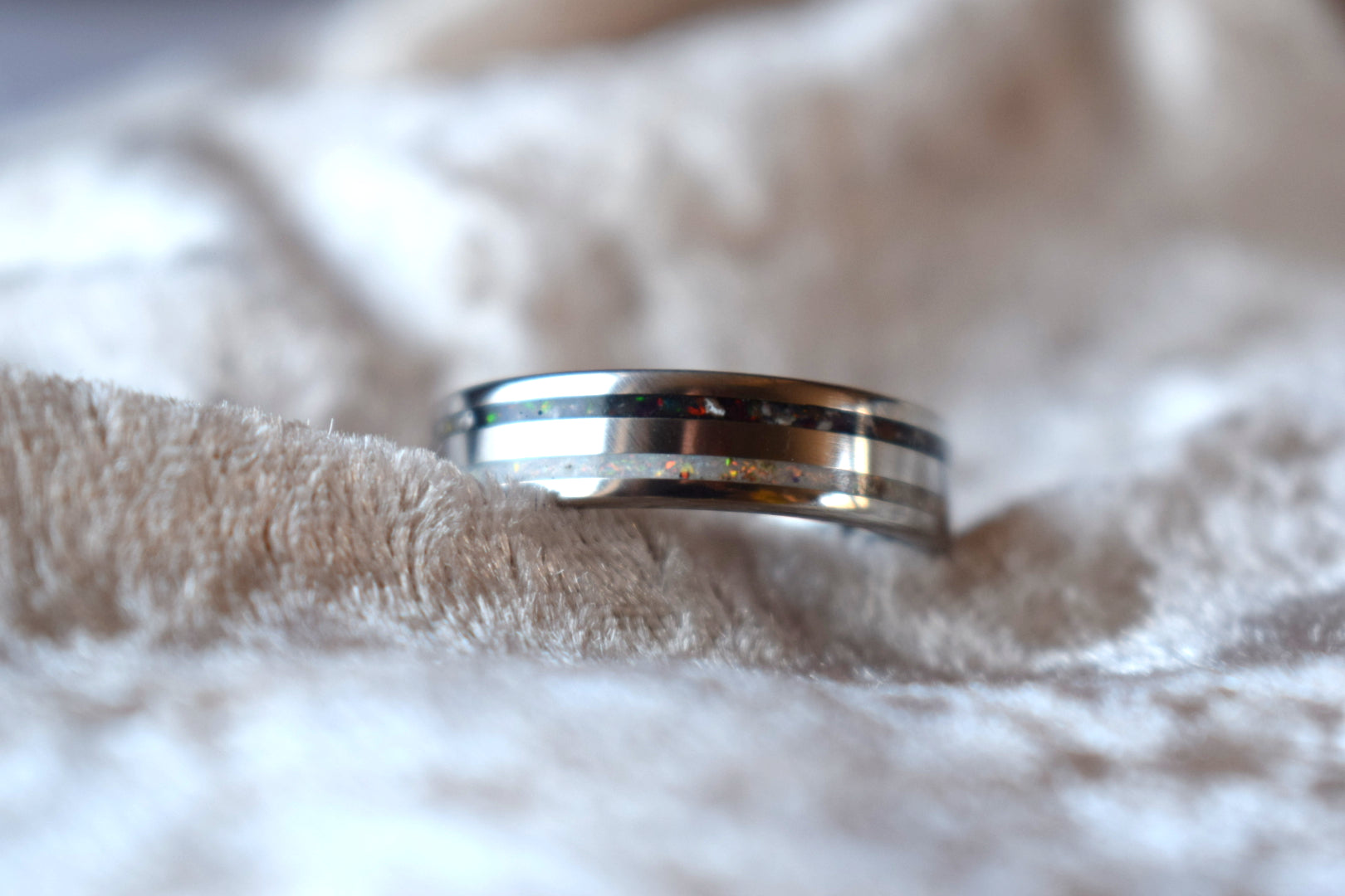 Titanium double channel memorial ring with cremation ashes inlay