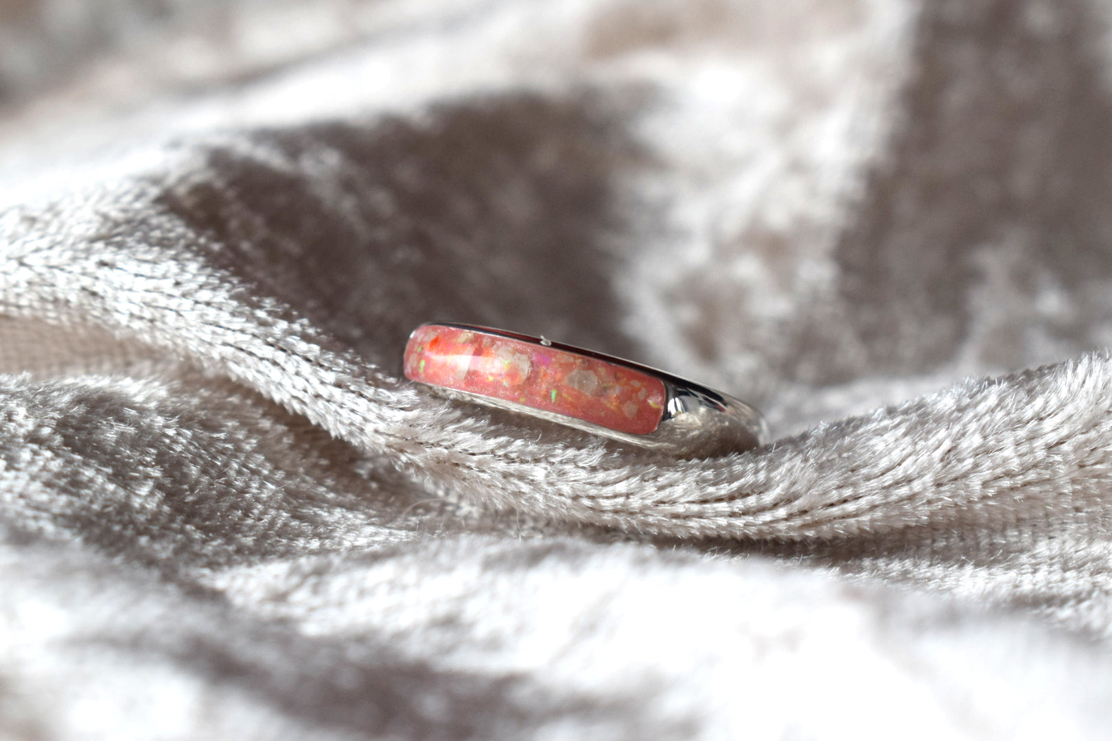 Handmade silver memorial ring with resin-filled ashes compartment
