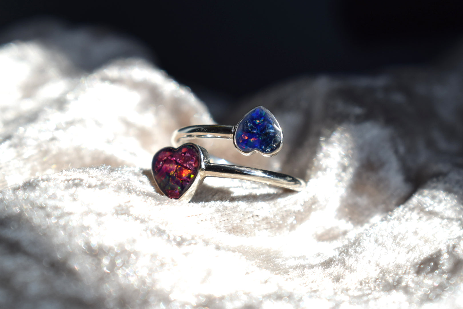 Double heart adjustable silver memorial ring with cremation ashes inlay