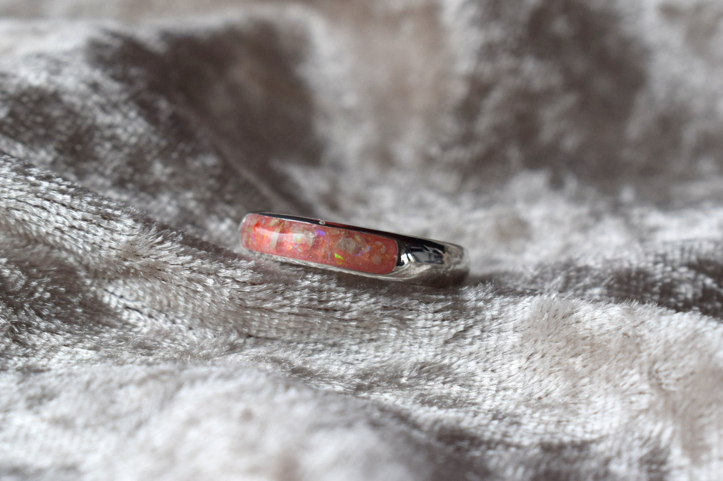 Handmade silver memorial ring with resin-filled ashes compartment