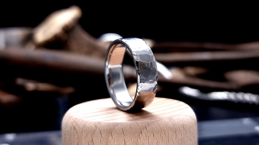 Deveron hammered titanium ring with raw textured surface