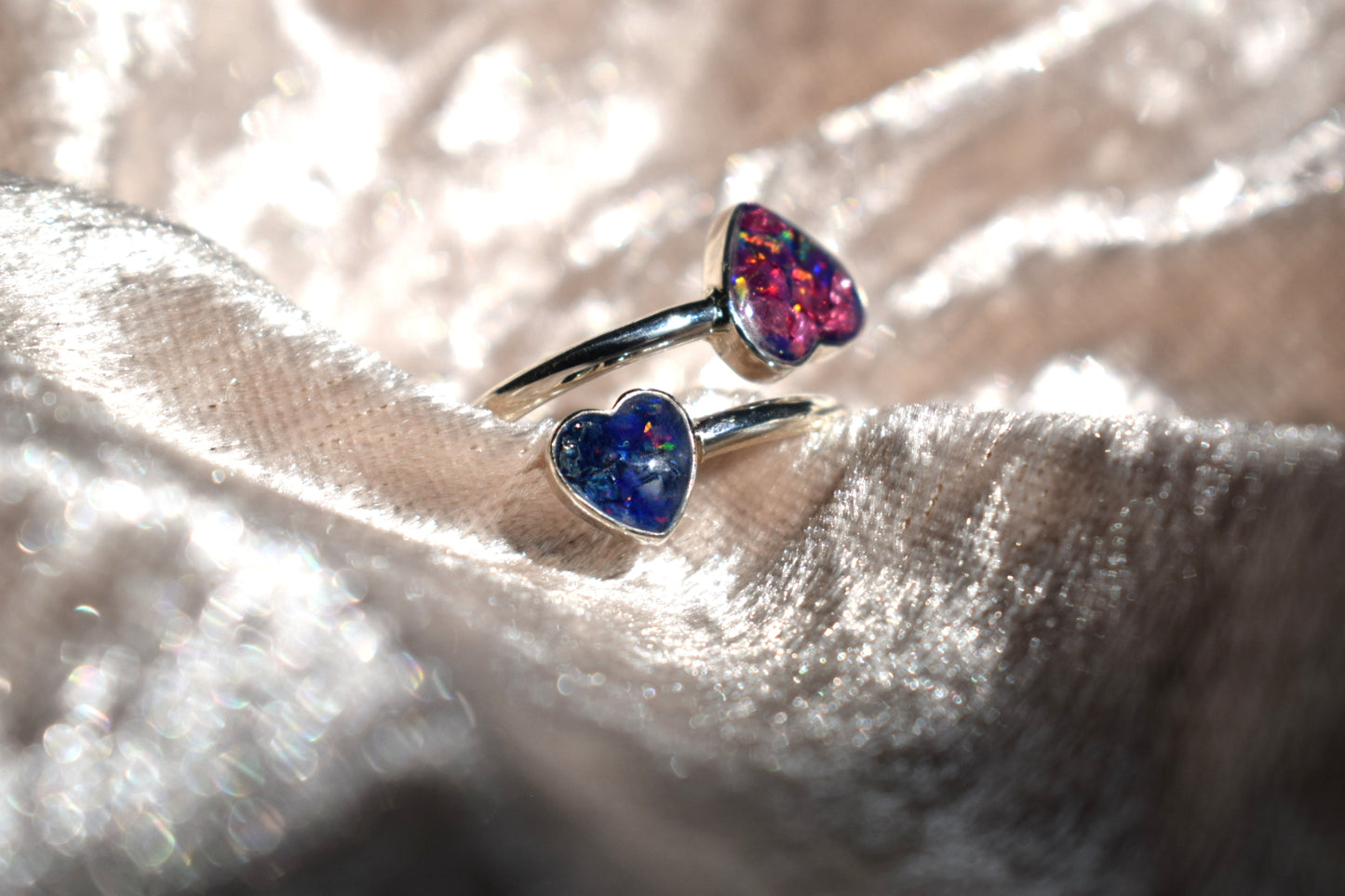 Double heart adjustable silver memorial ring with cremation ashes inlay