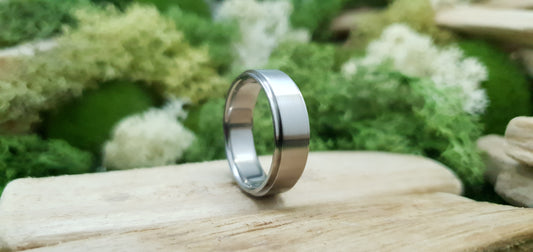 Smooth satin titanium wedding band for men in minimalist design