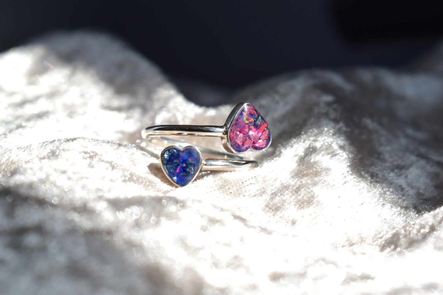 Double heart adjustable silver memorial ring with cremation ashes inlay