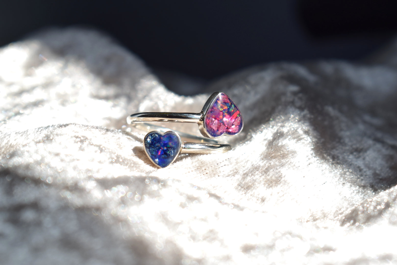 Double heart adjustable silver memorial ring with cremation ashes inlay