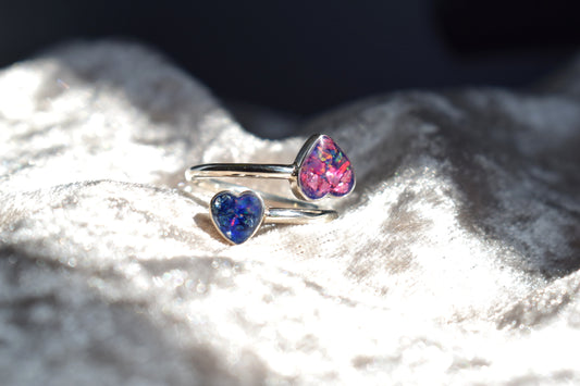 Double heart adjustable silver memorial ring with cremation ashes inlay