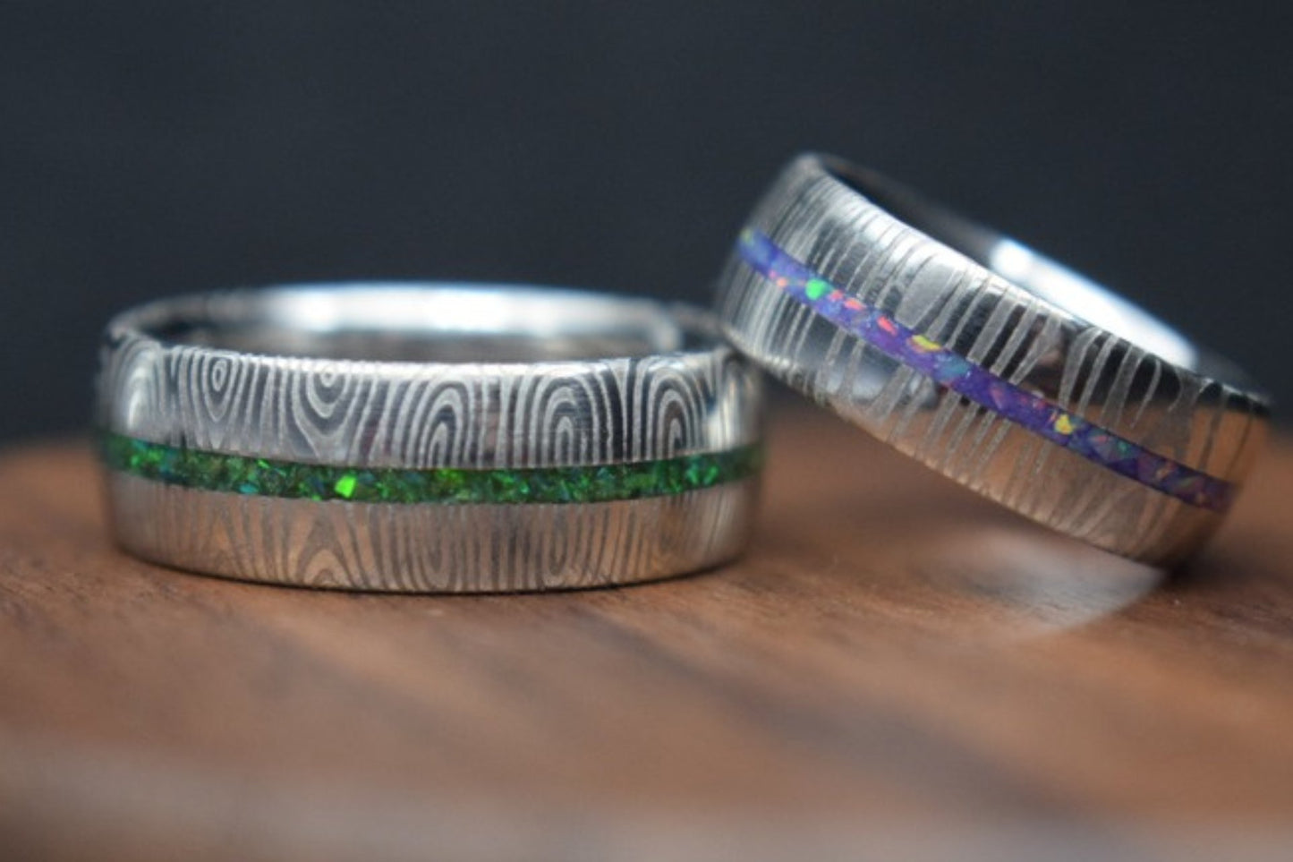 Damascus Steel Ring with Opal Inlay
