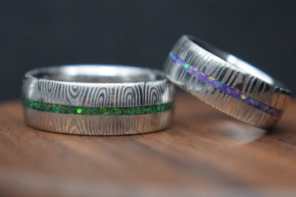 Damascus Steel Ring with Opal Inlay