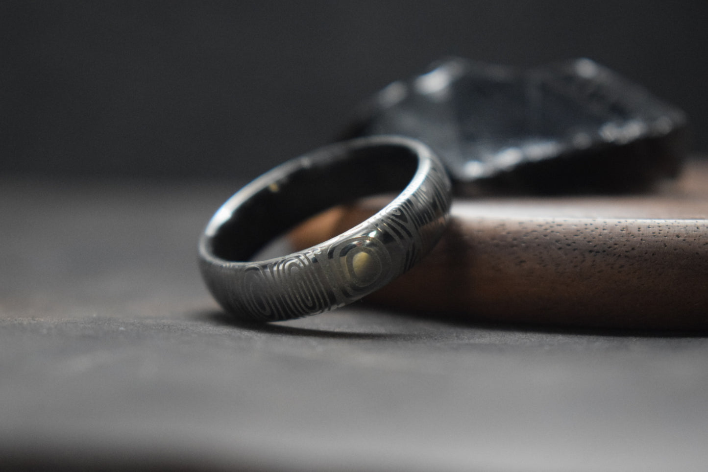 Damascus Steel Ring with Black Zirconium Liner