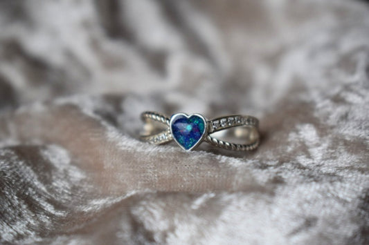 Sterling silver memorial ring with crossed heart and CZ centre stone