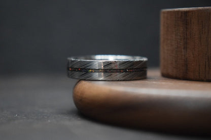 Damascus Steel Ring with Opal Inlay