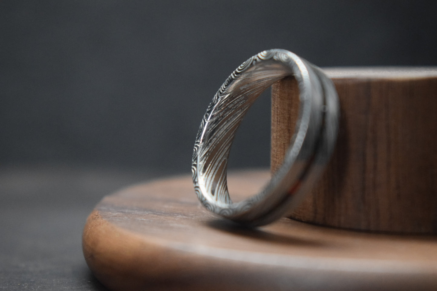 Damascus Steel Ring with Opal Inlay