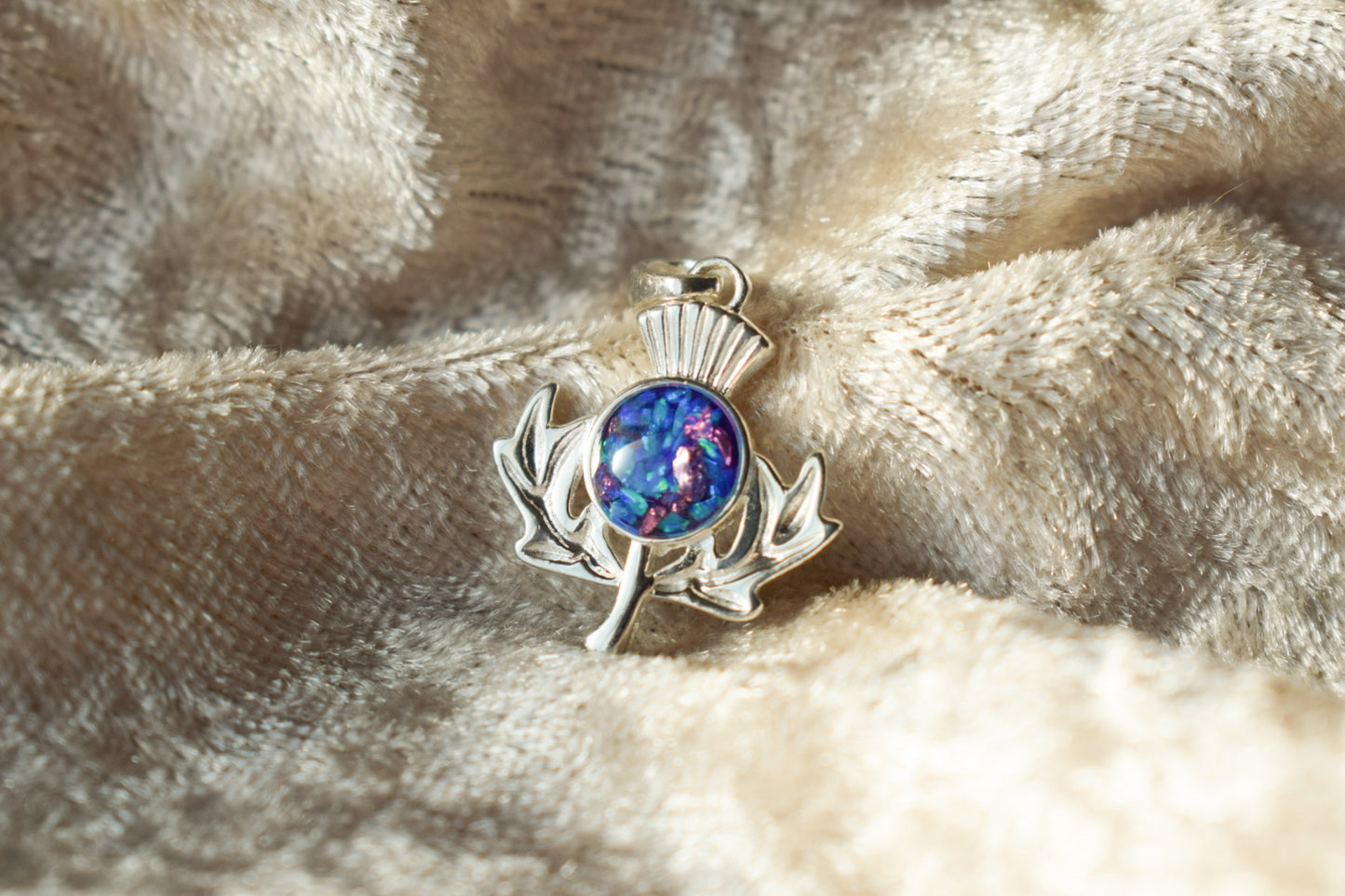 Scottish thistle memorial necklace in sterling silver with ashes setting