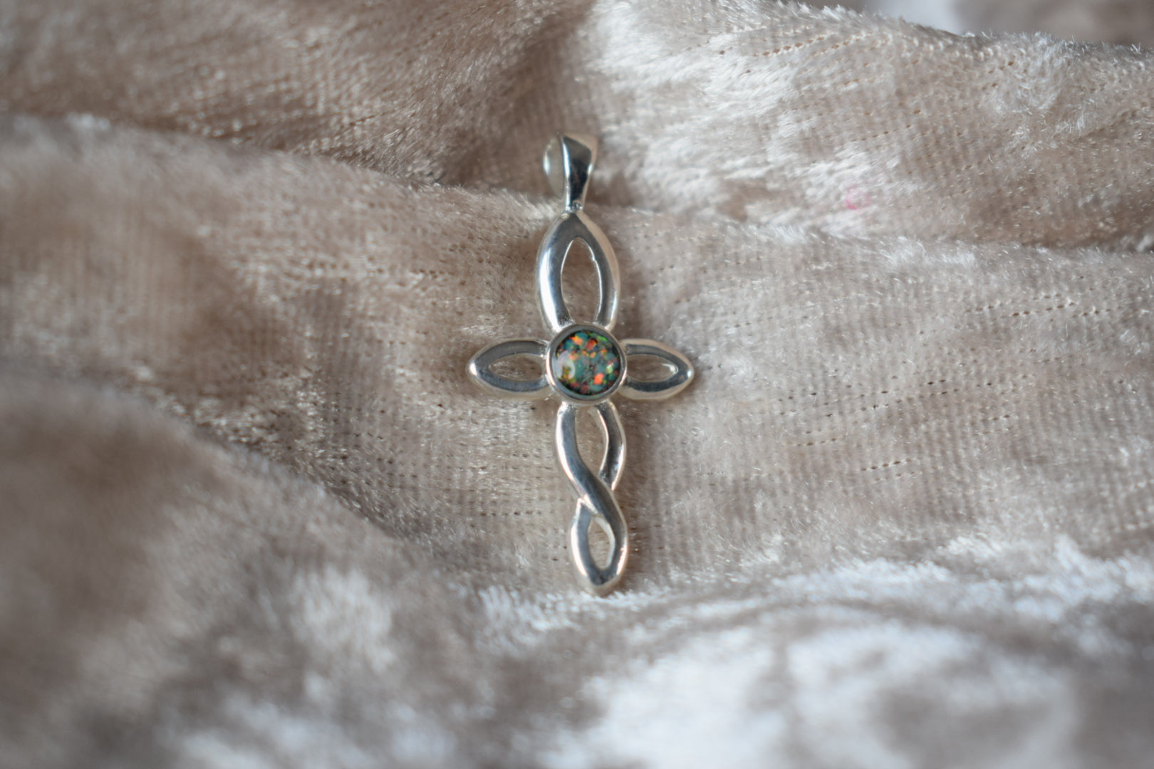 Infinity cross silver memorial necklace with discreet ashes compartment