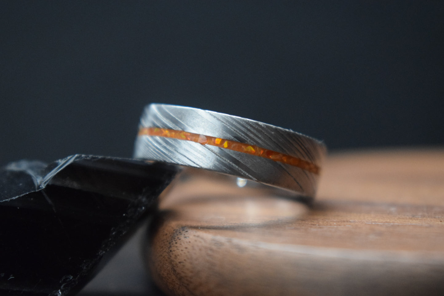 Damascus Steel Ring with Opal Inlay