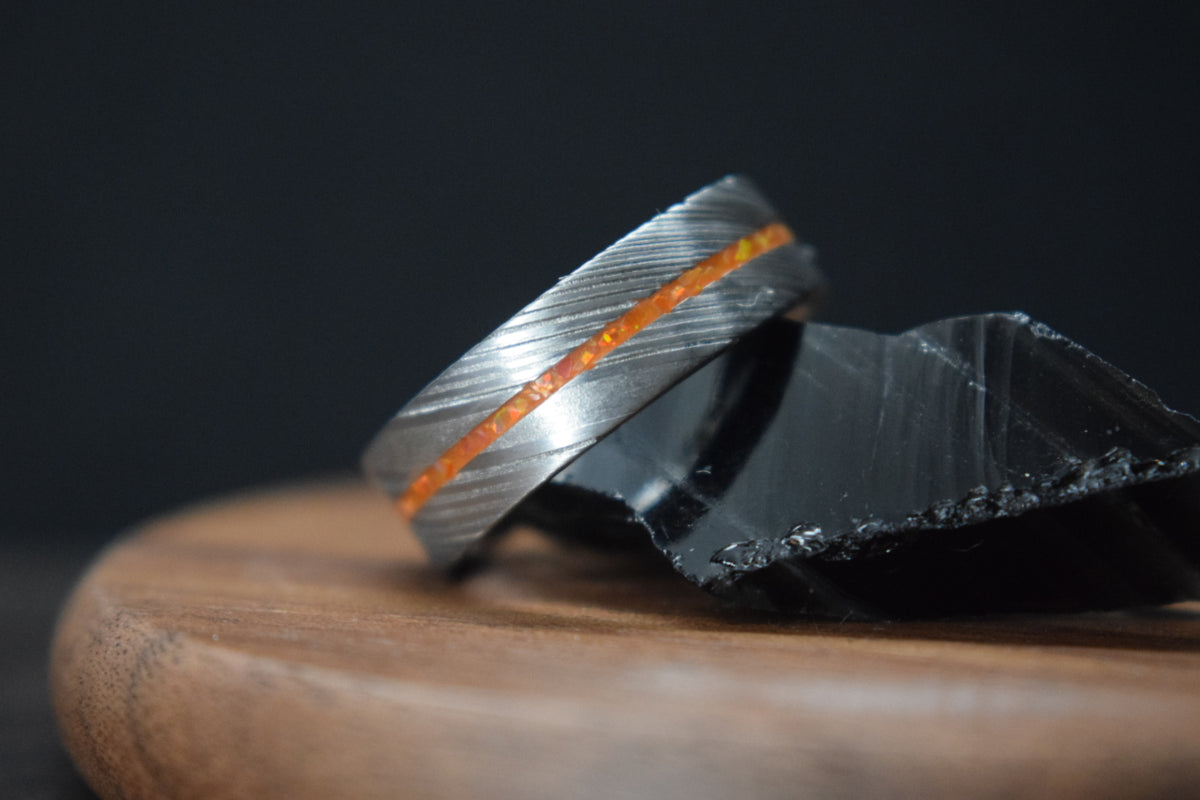 Damascus Steel Ring with Opal Inlay - True North Forge