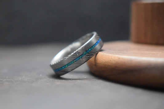 Damascus Steel Ring with Opal Inlay