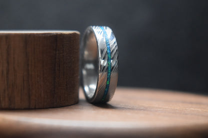 Damascus Steel Ring with Opal Inlay
