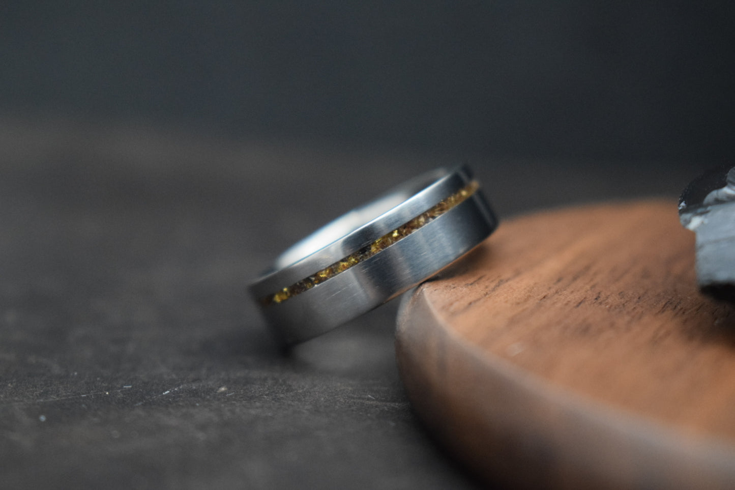 Titanium Whisky Barrel Oak Inlay Ring with Gold Accents