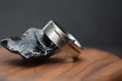 Titanium Whisky Barrel Oak Inlay Ring with Gold Accents