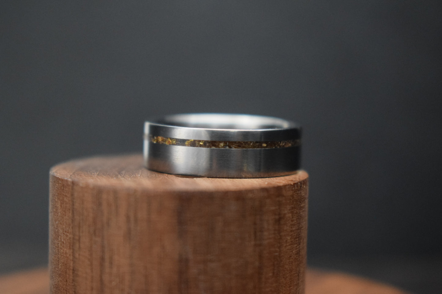 Titanium Whisky Barrel Oak Inlay Ring with Gold Accents
