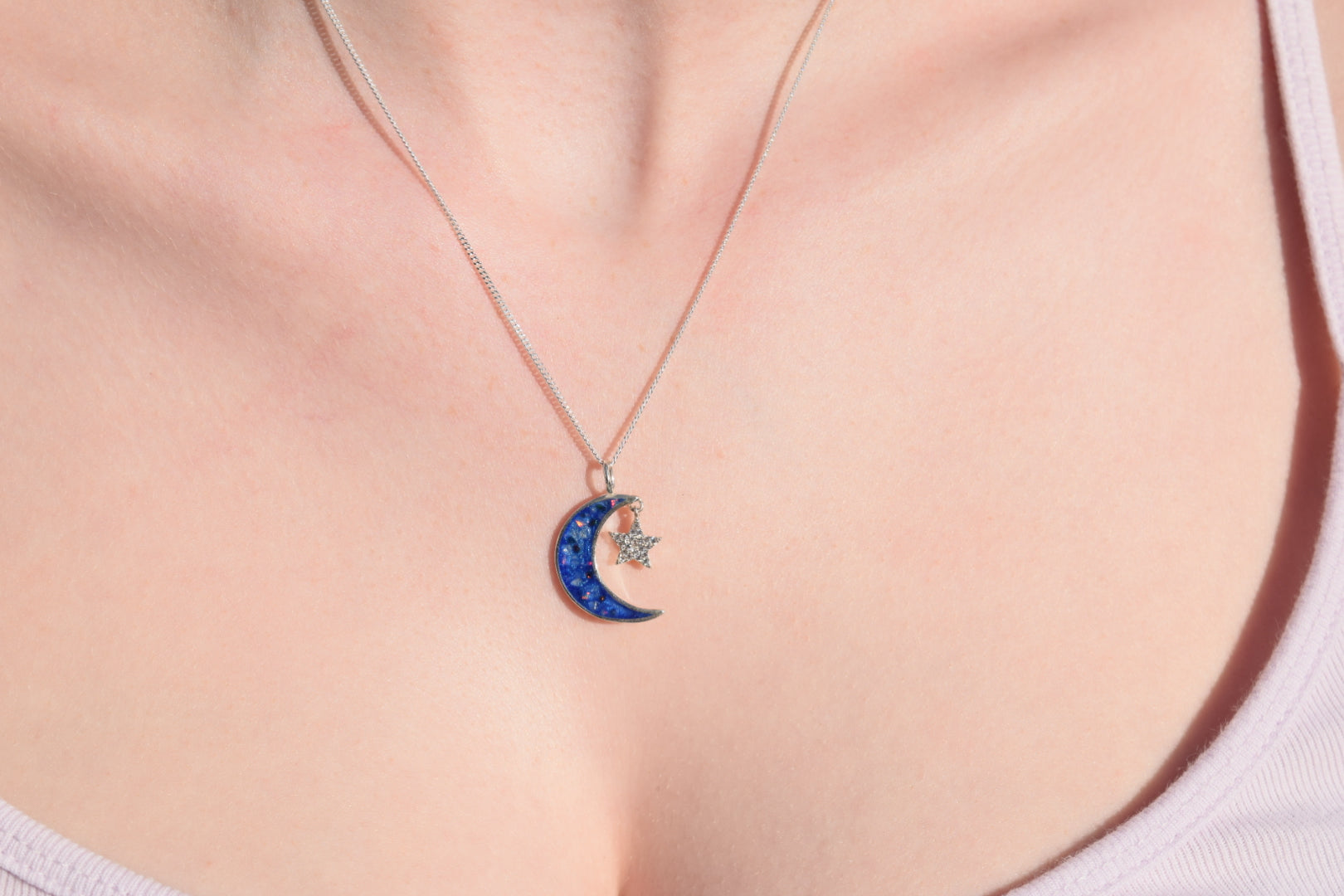 Moon and Star Memorial Necklace with Ashes – Handmade Sterling Silver Keepsake Jewellery, Crafted in the UK
