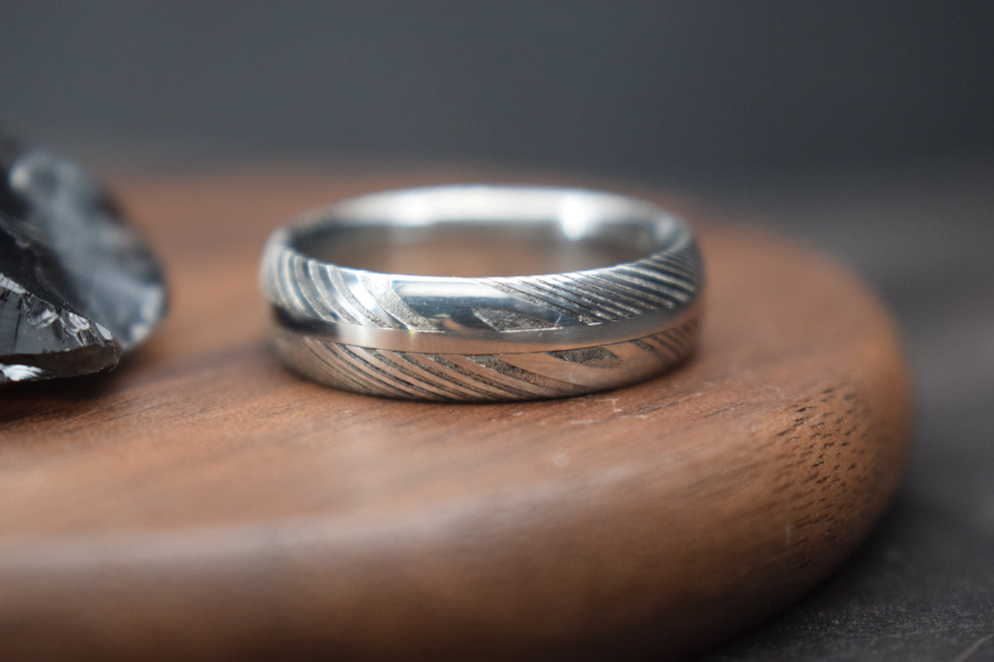 Damascus Steel Ring with Precious Metal Inlay