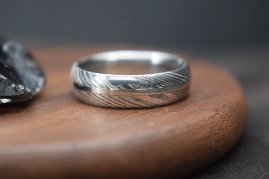 Damascus Steel Ring with Precious Metal Inlay