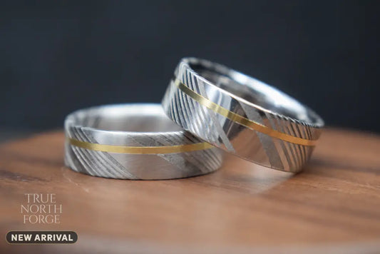 Made Together – Pair of Damascus Steel & Precious Metal Rings
