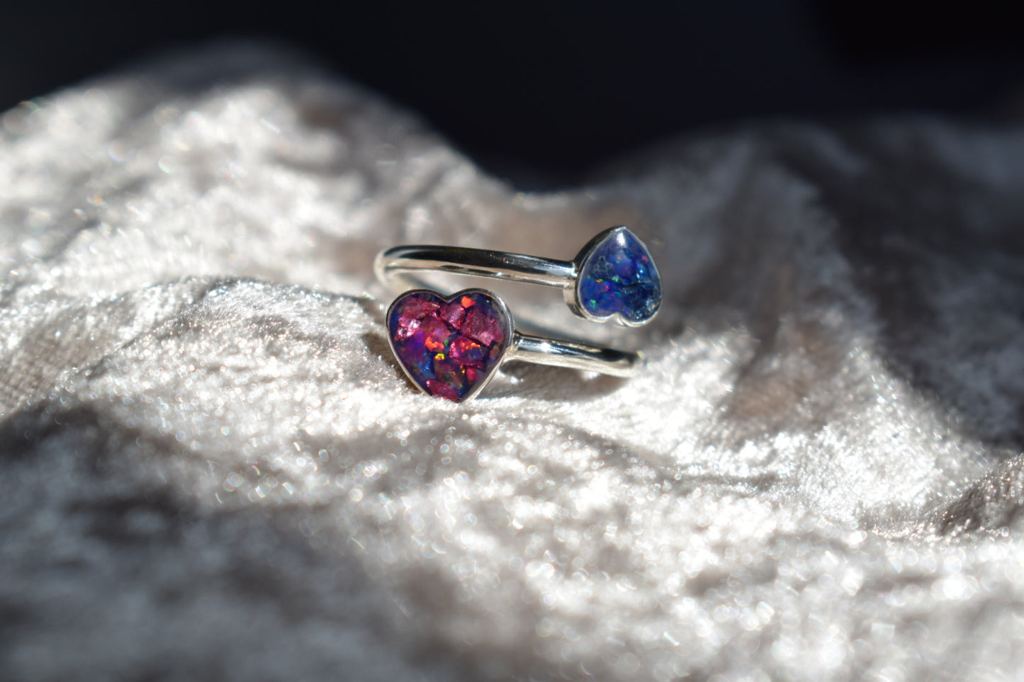 Double heart adjustable silver memorial ring with cremation ashes inlay