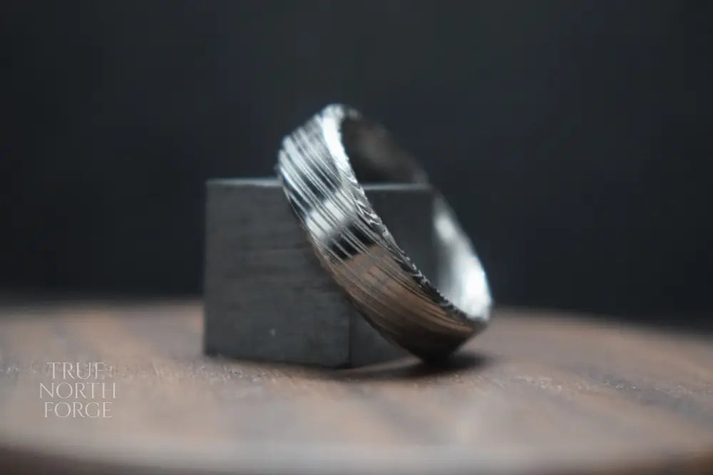 Bervie Damascus Steel Bevel Shape Ring - True North Forge