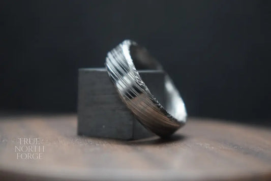 Bervie Damascus Steel Bevel Shape Ring - True North Forge